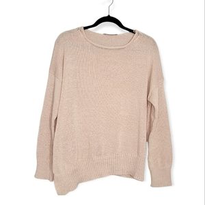 ALL SAINTS Pink Open Knit Crew Neck Asymmetrical Sweater w/Ribbed Hem